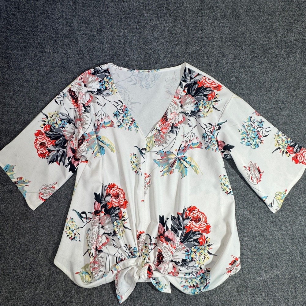 Floral V-Neck Front Tie Blouse White Red Blue Elbow Sleeve Top Medium